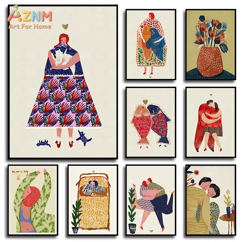 AZNM Frameless Canvas Wall Art, Folk Abstract Hugging Couple Bird Fish Floral Print, Warm Retro Hand Drawn Love Figure Botanical