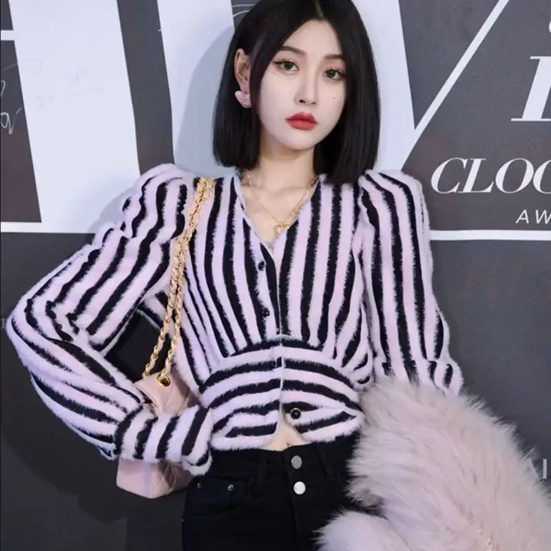 Vintage Striped V Neck Tops Tees Spring New Thin Long Sleeve Slim All-match Button Short Cardigan Fashion Trend Women Clothing