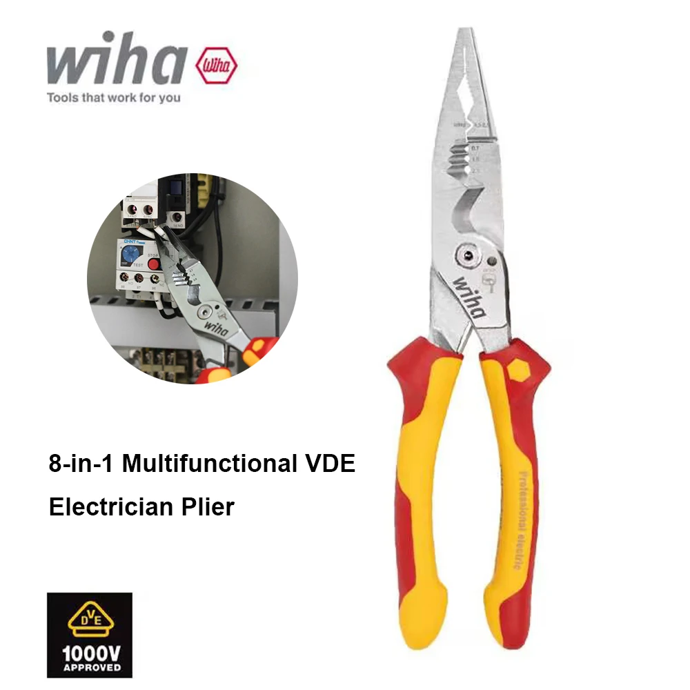Wiha 45489 8-in-1 Multifunctional VDE Insulated Electrician Plier for Clamping Tightening Bending Cutting Crimping Stripping