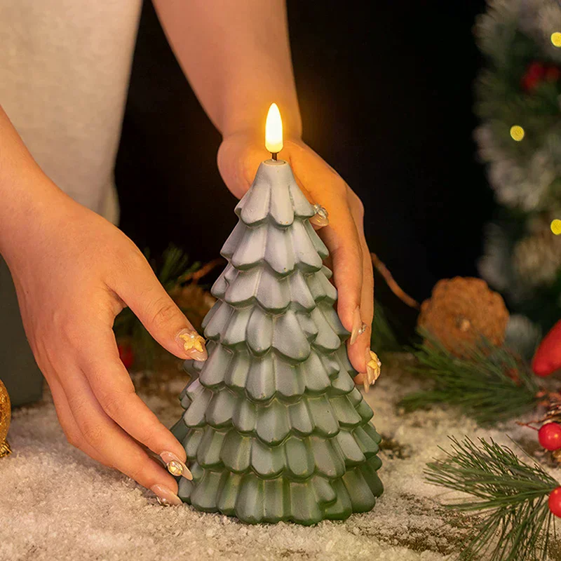 Christmas Tree Shaped LED Candles, Flameless Pillar Candles, Battery Operated LED Candle With 3D Flame Wick, Green Candles