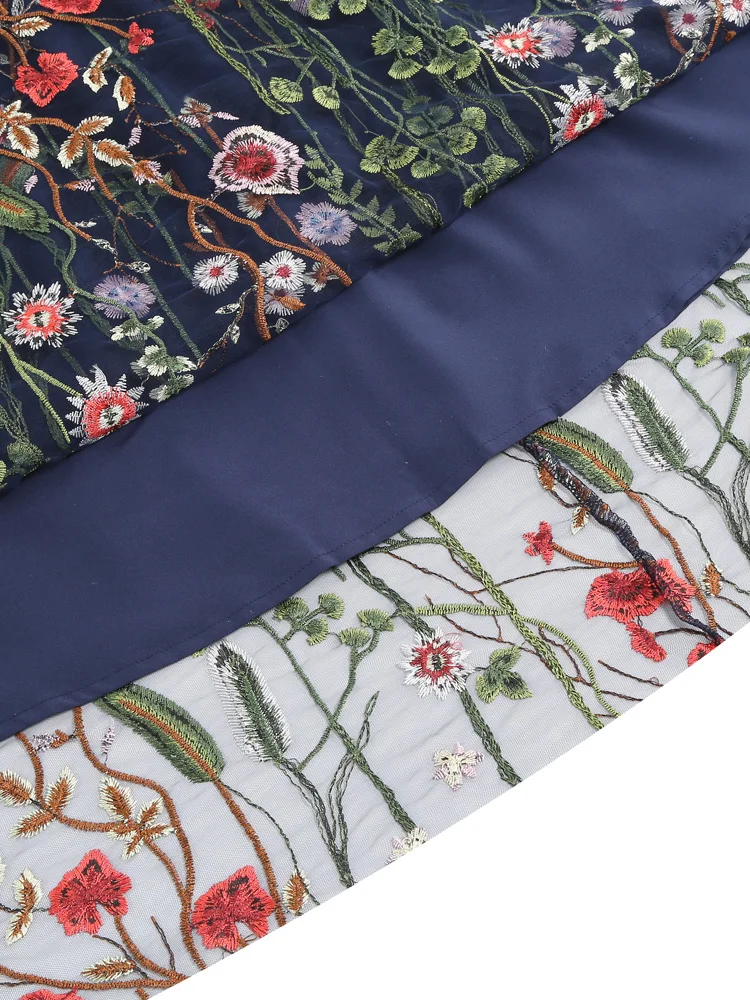 Tonval Floral Embroidered Mesh Overlay Lined Long Skirt Elastic Waist Women Elegant Festival Outfit Summer Vintage Skirts