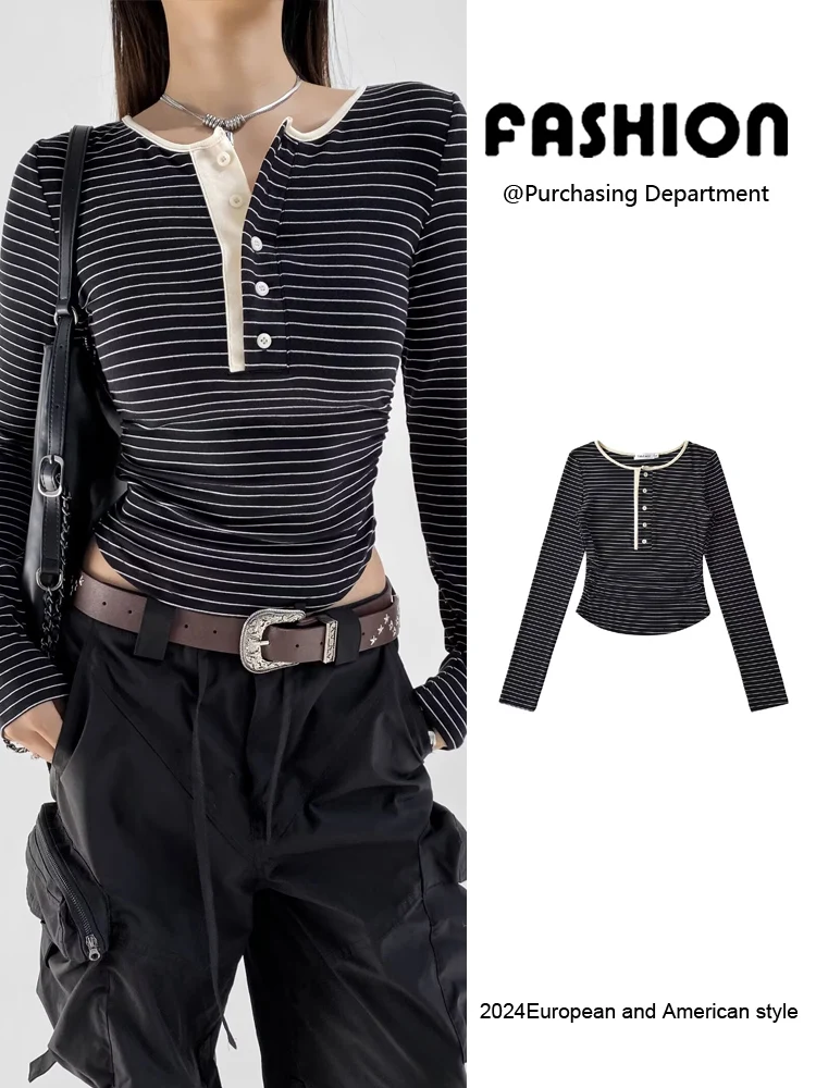 

Новая осенняя женская футболка круглого цвета Ne Long Sve Slim Fit с эластичной резинкой на талии и пуговицами цвета Blo Sle Commute Faion
