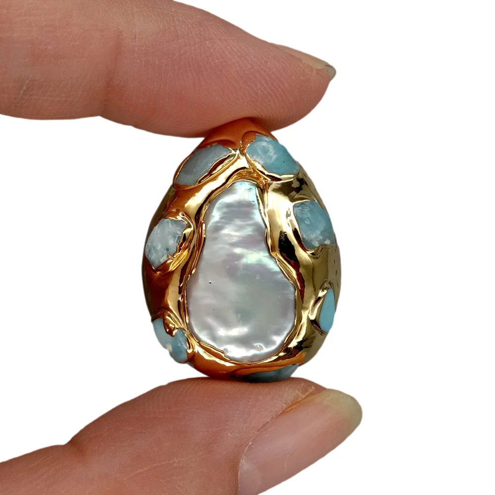 5 Pcs 23x25mm teardrop shape Natural Blue Amazonite chips pave  keshi Pearl pave With Gold plated edged loose beades