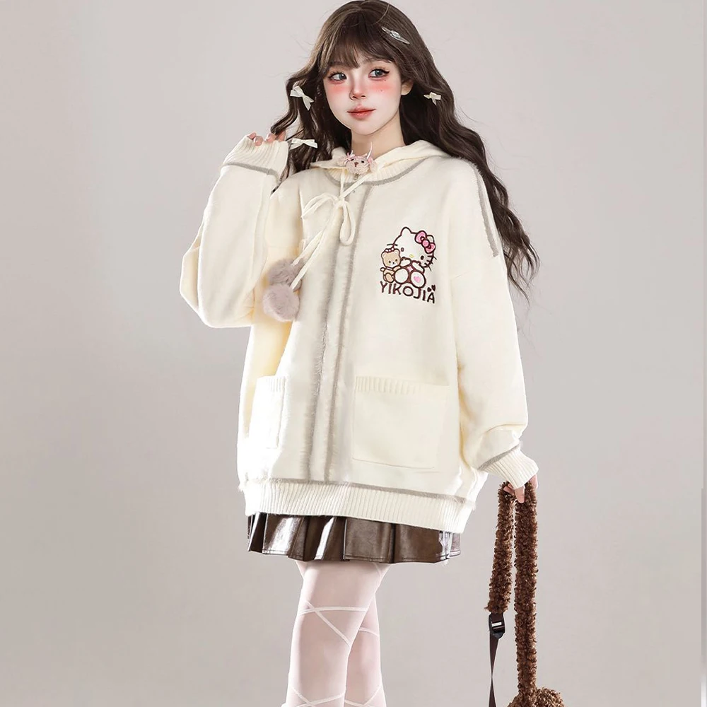 Bluza z kapturem Hello Kitty, sweter, bluza dresowa, Sanrio, damska, kawaii, anime, jesień, zima, haft, słodka, luźna góra