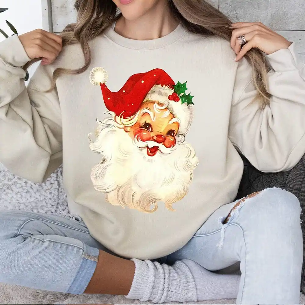 Damen Weihnachten Gemütliches Fleece Sweatshirt Vintage Santa Weihnachten Urlaub Sweatshirt Langarm Fleece Y2K Sweatshirt Streetwear