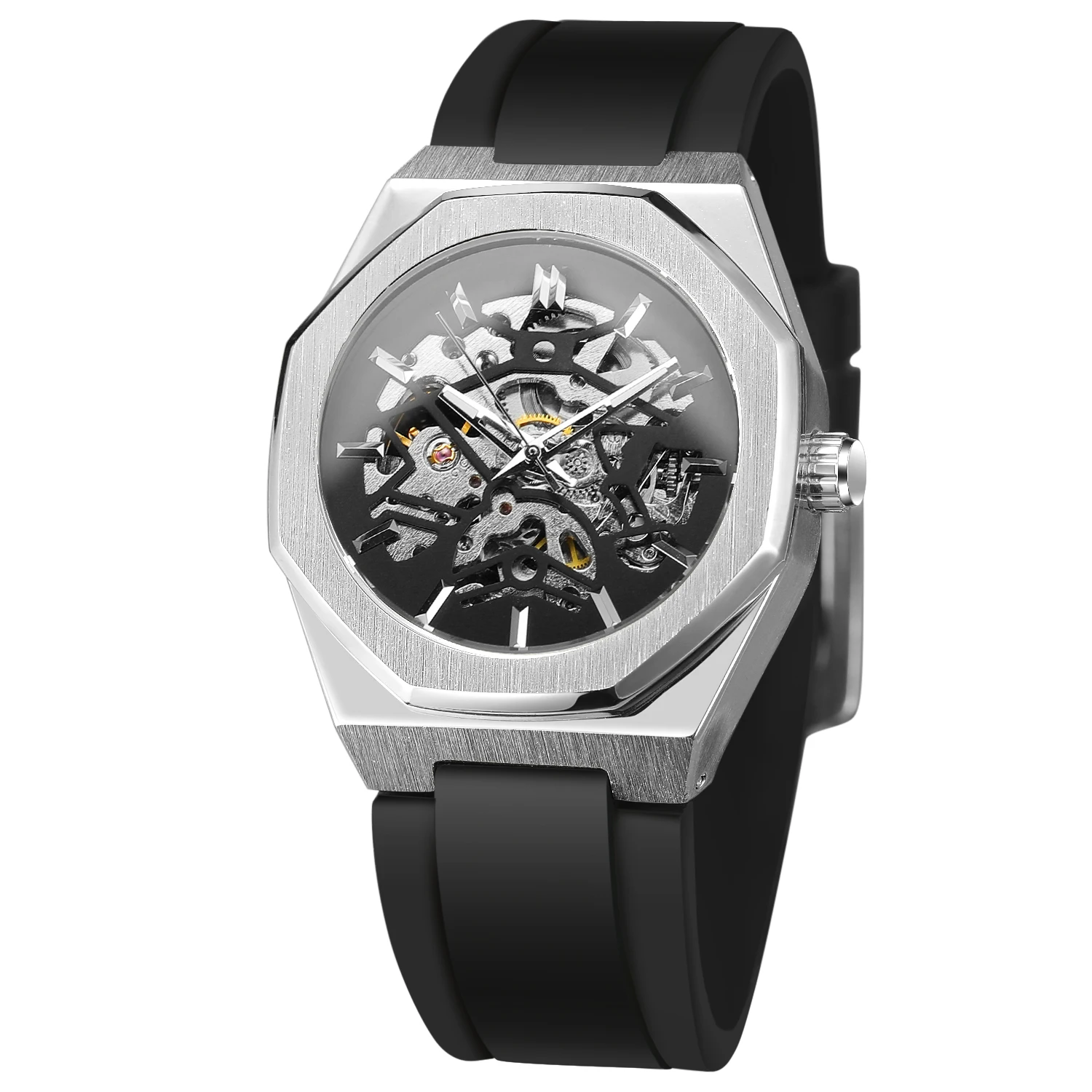 

Luxury Brand Forsining Brand Octagon Stainless Steel Skeleton Mechanical Man Watch Automatic Movement Clockwork Silicone Strap