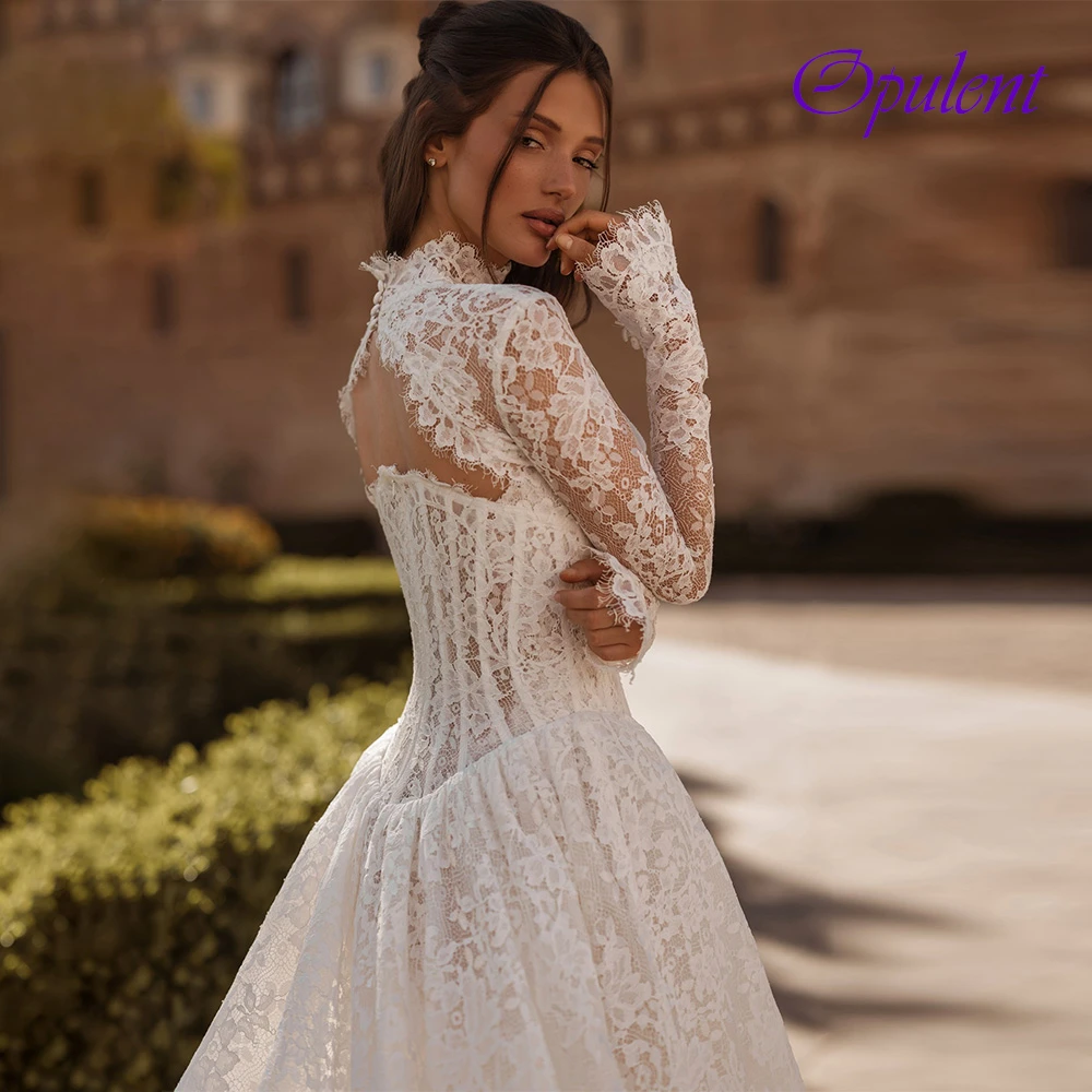 Customized Elegant White Lace Wedding Dress Formal O-Neck Long Sleeves Robe de mariée Dreamy A-Line Court Train Vestido De Novia