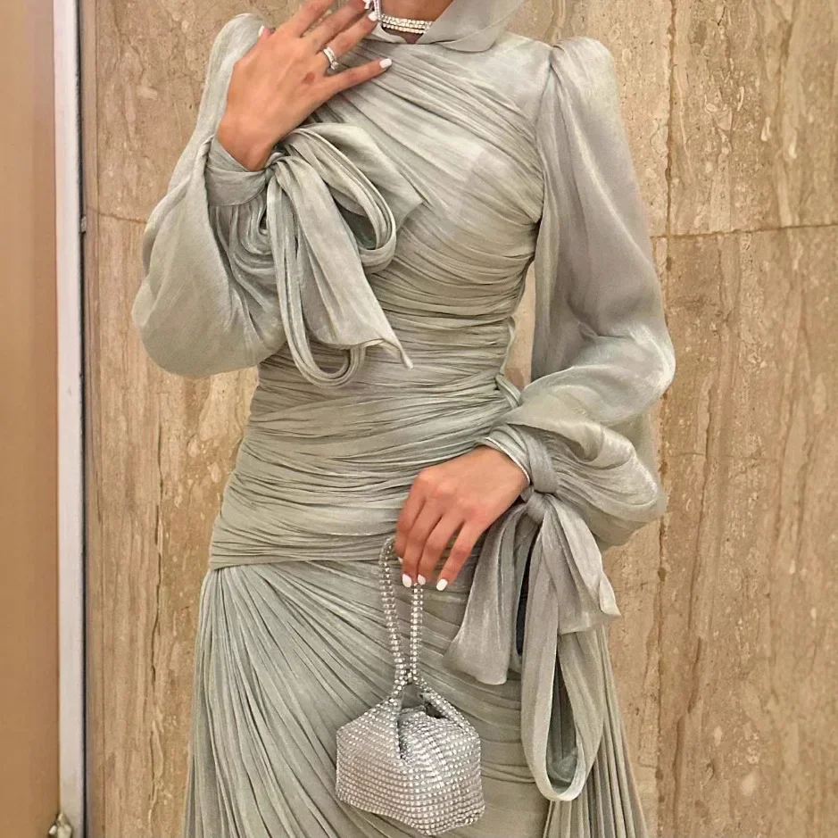 Abiti da sera a sirena modesti Pieghe musulmane Maniche lunghe Abiti da ballo O-Collo Abiti da ballo per occasioni formali 2025 Personalizzato