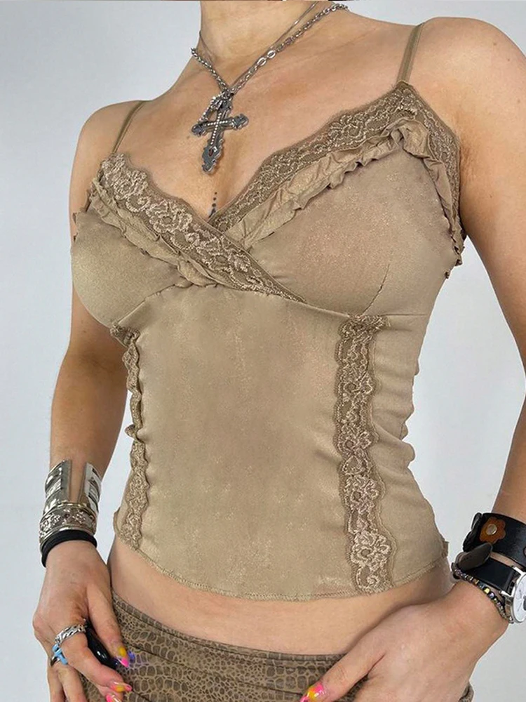 Camisola de encaje con cuello en V para mujer, camiseta Retro Sexy, sin mangas, estética Y2K, caqui, Chaleco Ajustado, 2000s