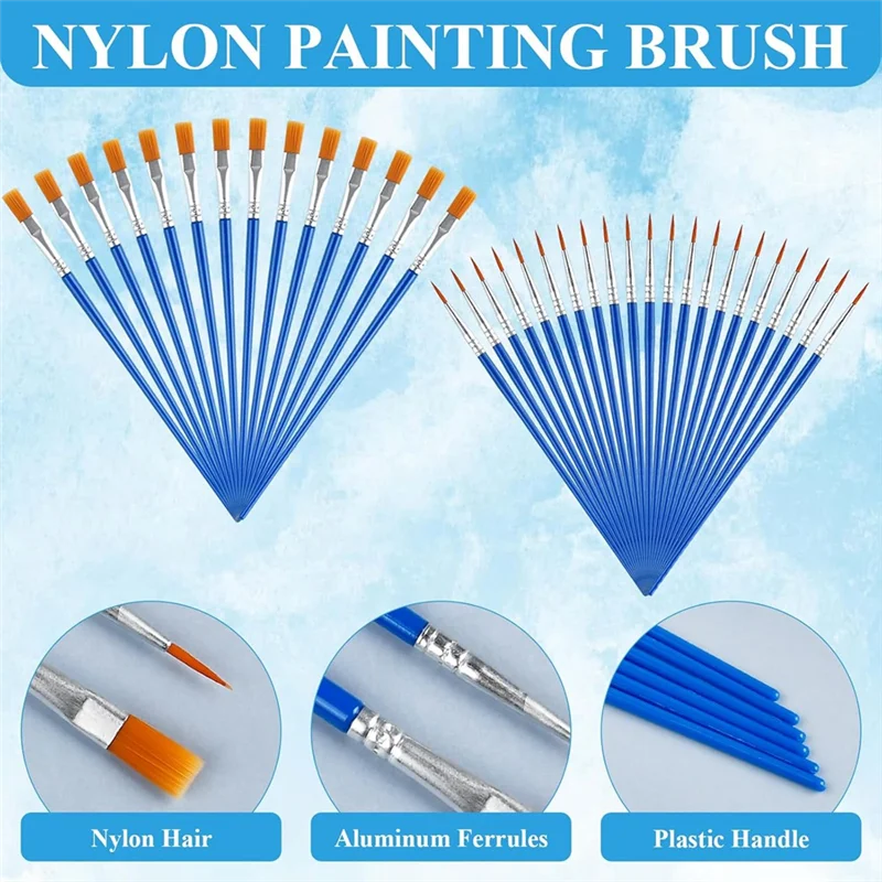 Conjunto de paletas de pincéis de pintura de 150 peças, incluindo 100 peças de pincel de pintura de nylon e 50 peças de paleta de bandeja de pintura de plástico redonda-ABGL