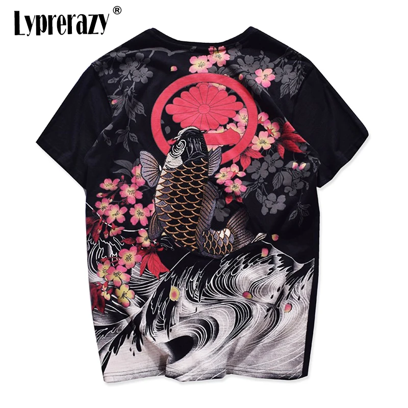 

Lyprerazy Japanese Harajuku Ukiyoe Vintage Men's T-shirt Floral Carp Fish Embroidery Short-sleeved Chinese Style T Shirt