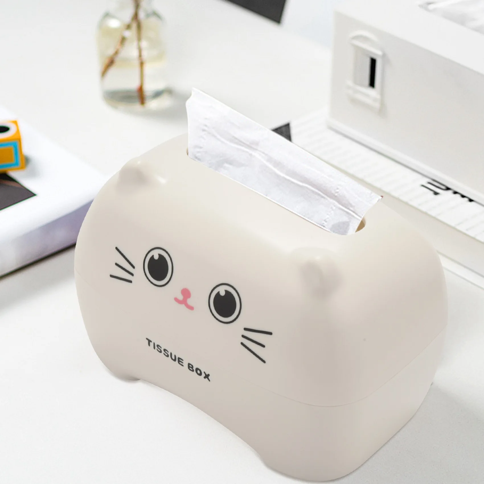 Cosmetic Tissue Box, Tissue Dispenser Paper Towel Box, Cartoon Tissue Container for Home / Office Decoration (White)