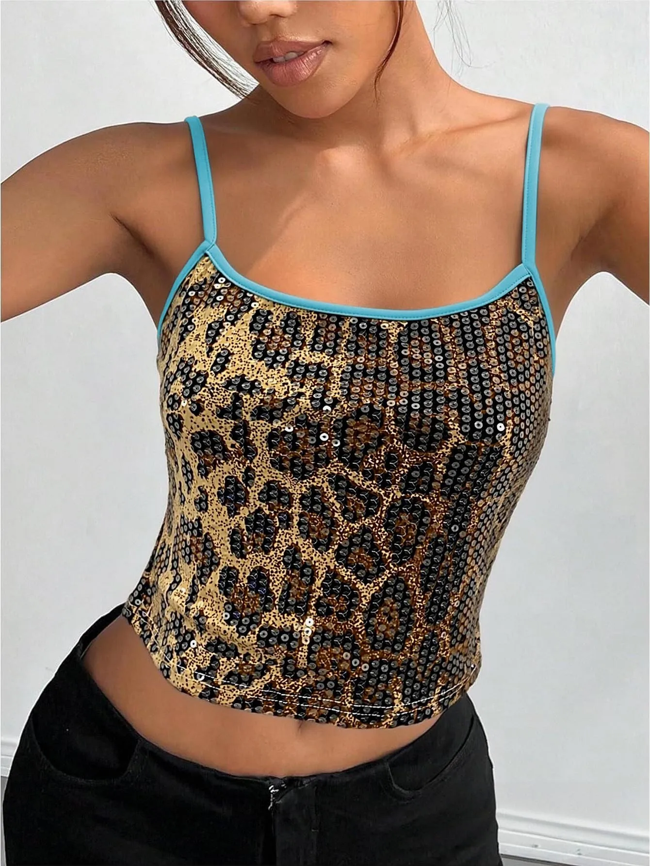 European and American Summer Y2K Flare Leopard Print Glitter Strappy Crop Top with Colorblock Edges - Slimming Short Top