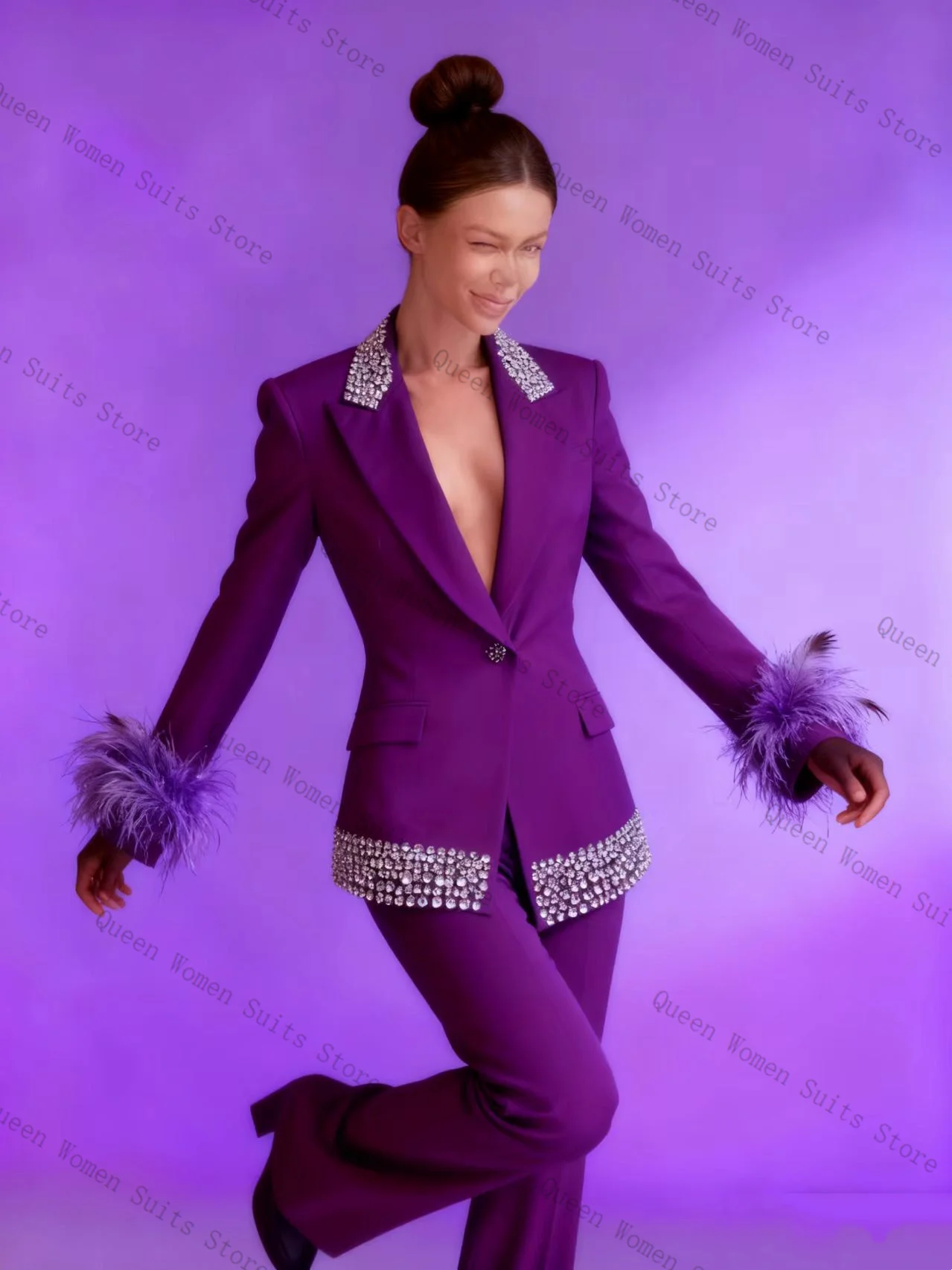 

Feather Crystals Women Suit Pants Set 2 Pcs Blazer+Pants Trousers Prom Cotton Formal Office Lady Jacket Wedding Coat Customized