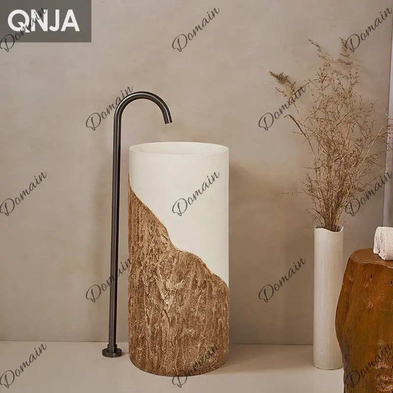 Creative column basin floor-to-ceiling bathroom integrated art sink rock wood grain round face wash table