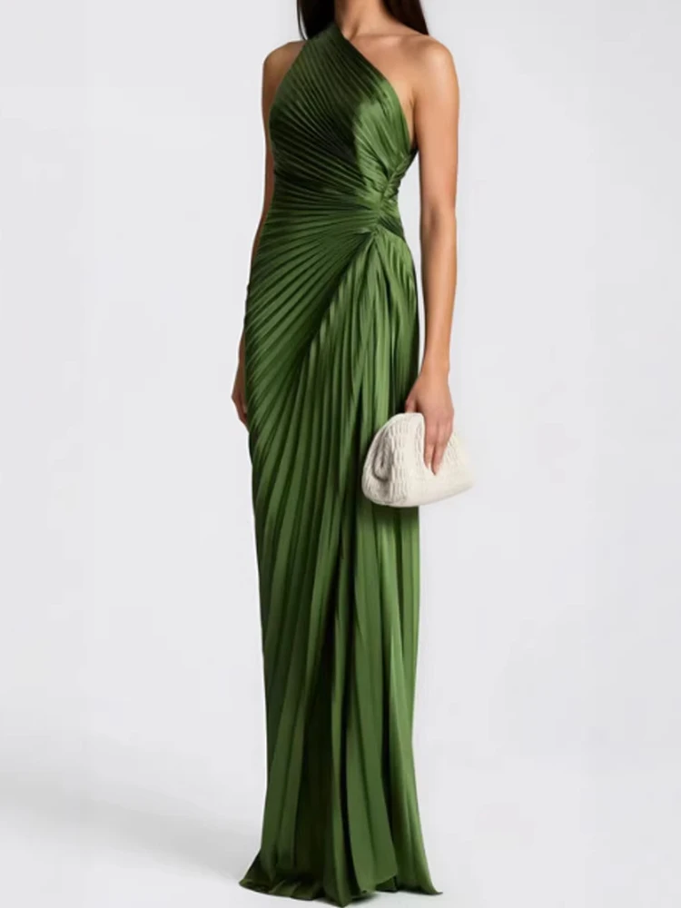 Women's Summer Sleeveless Skew Collar Fashion Patchwork Maxi Dress Elegant Chic Solid Holiday Streetwear Party Dress for Ladies - view 2