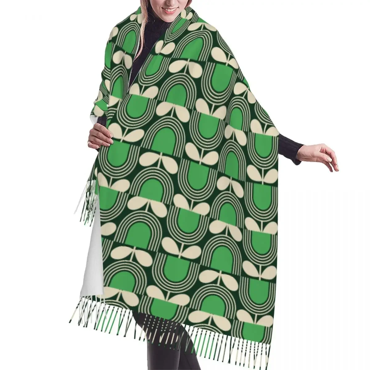 Custom Female Long Green Block Flower Fashion Versatile Scarves Women Winter Soft Warm Tassel Shawl Wraps Orla Kiely Scarf