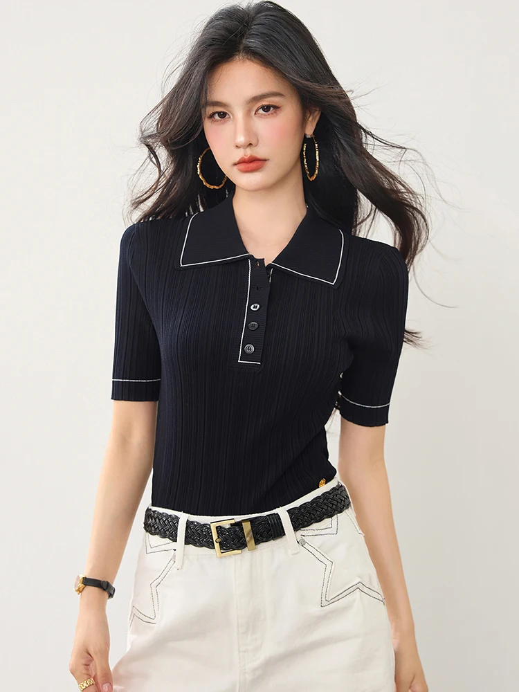 

2025 New Summer Korean Contrasting Color Slim Fit Tops Polo Collar Short Sleeve T-Shirt Women Fashionable Casual Sweater