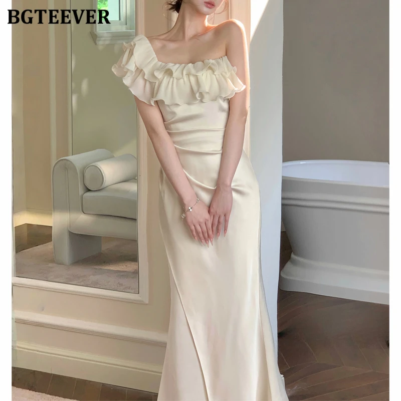 

BGTEEVER Elegant Ruffles Women Slash Neck Package Hip Skinny Dress Summer Fashion Slim Waist Female Sleeveless Mermaid Dress