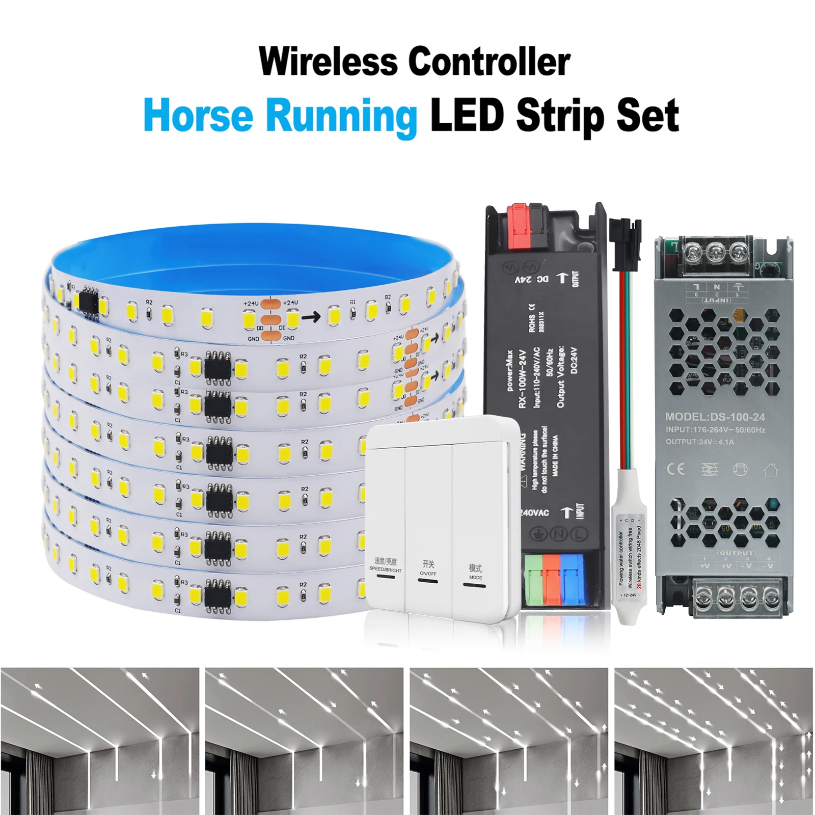

24V WS2811 Running Water LED Strip 120LEDs/m Flowing Light Wireless Controller Power Kit Addressable LED Strip Flexible Lamp