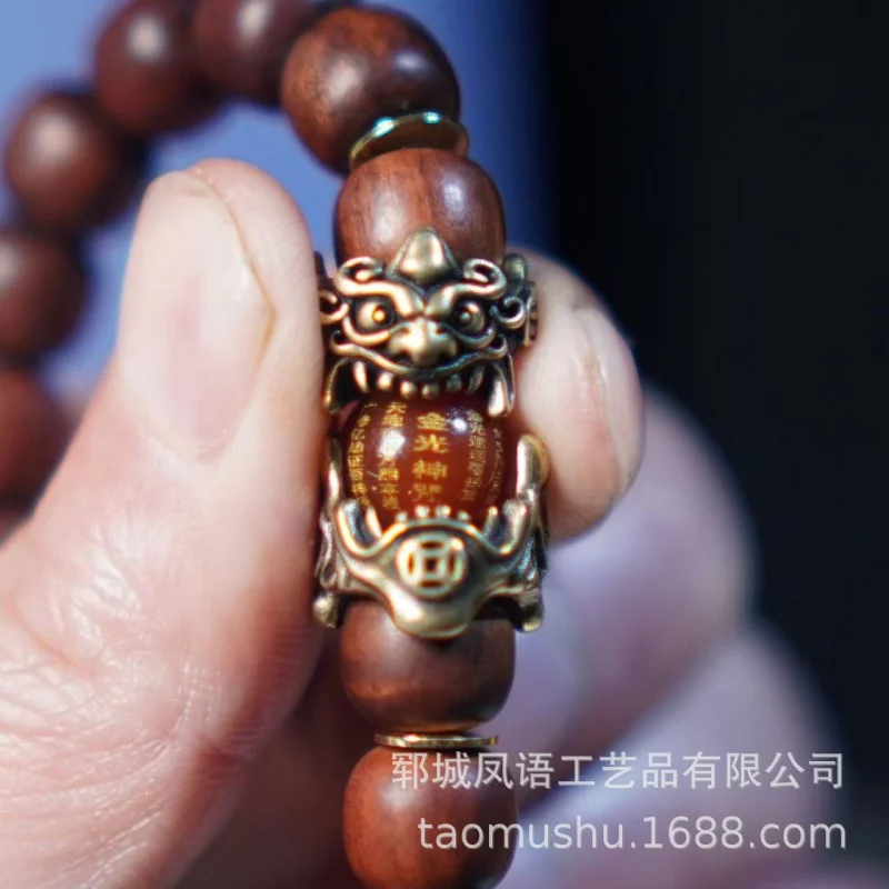 Lightning-striken jujube wood Buddhist bead bracelet with Pixiu for good fortune, featuring agate beads in the middle, a hundred