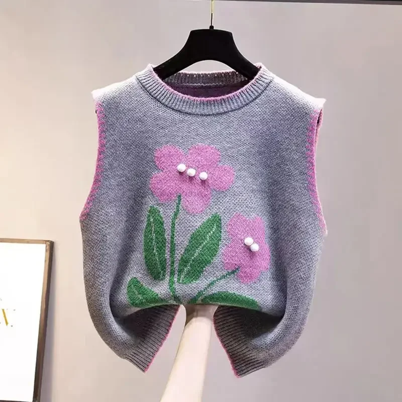 

Gray Floral Acrylic Knit O-Neck Sleeveless Pullover Women's Vest Sweater Female Sweaters Tops Woman Clothing Fashion Spring