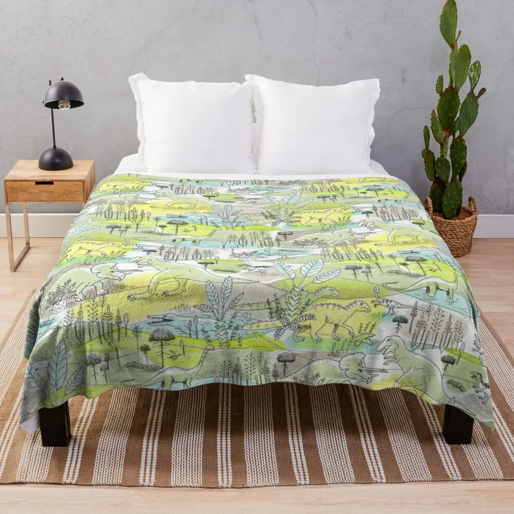 Dinosaurs in a Prehistoric Jungle with Tyrannosaurus Rex and Triceratops Throw Blanket Bed Fashionable Furry manga Blankets