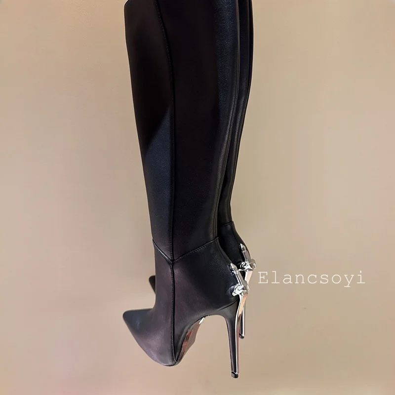 Runway Botas Sexy Black Suede Leather Knee-High Boots Super High Heels Women Autumn Winter Pointed Toe Strange Heels Long Boots image 5