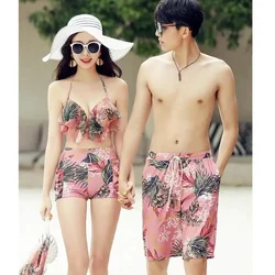 Couple Swimsuits Floral Print High Waist Bikini Set Cover Up Swimsuit Micro 3 Pieces Swimwear For Women Swimming Trunks For Men