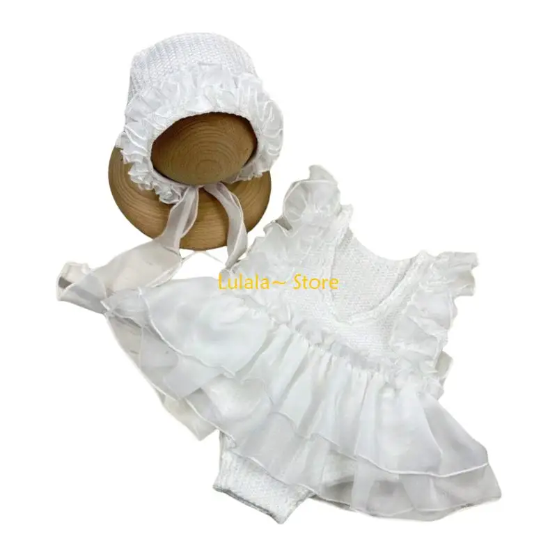 Y4QA Comfortable and Soft Newborns Jumpsuit Dress Photoshoots Props with Matching Hat Headgear for Special Event