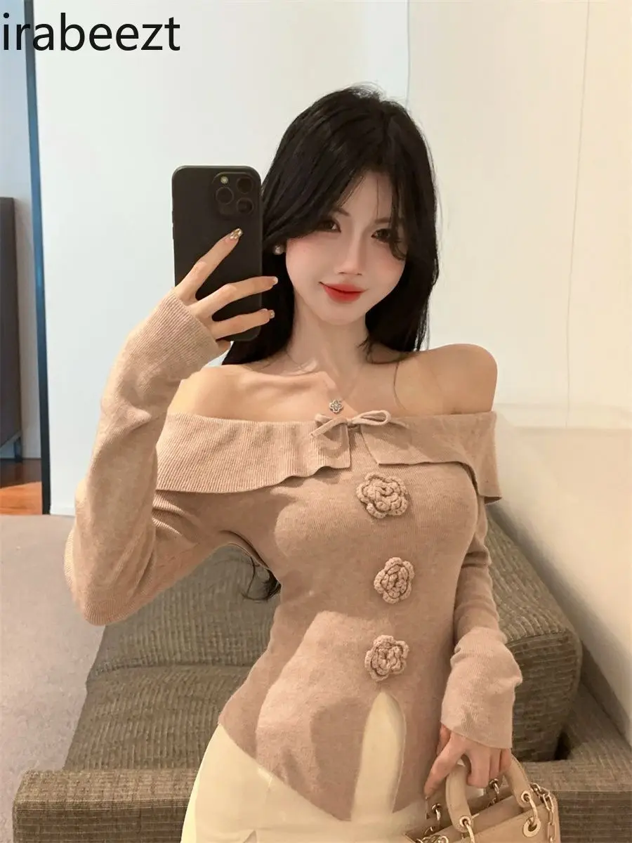 Sweet & Spicy Knit Top for Women Cute Bowknot & Ruffled Blouse with Floral Embroidery Cute & Sexy Long Sleeve Crop Top Wear