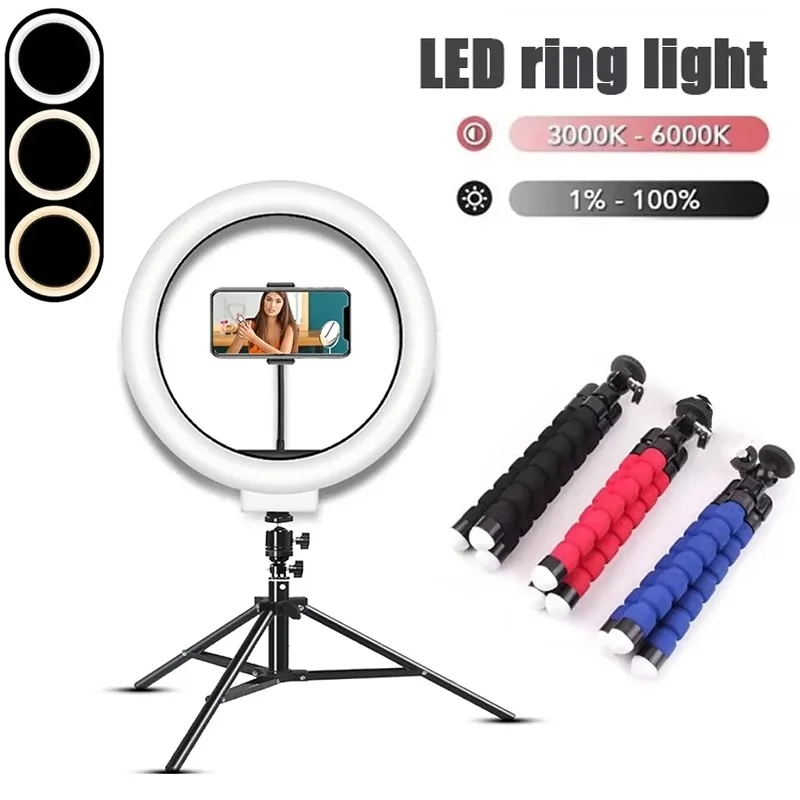 Trípode de 16/26/33 cm con anillo de luz LED para teléfono, trípode para cámara, soporte para selfies, luz de fotografía LED, lámpara de color para fotos y video en vivo.