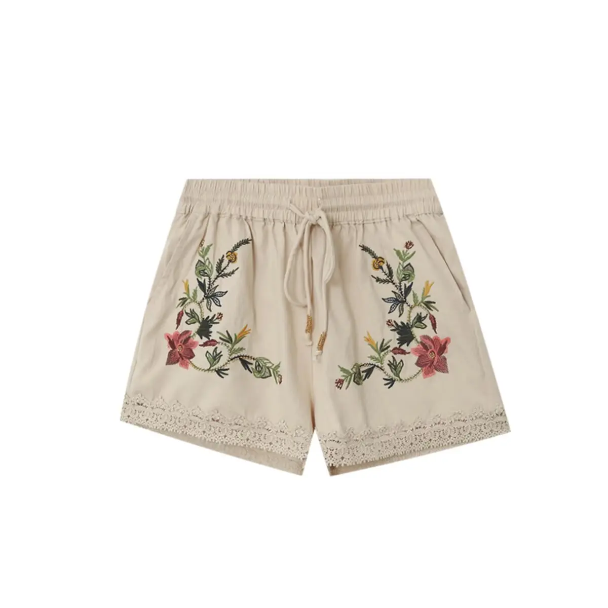 

Beach Vaion Sle Embroidered Lace Trim ter Top And Belted Casual Pants Faionable Two-Piece Set for Women