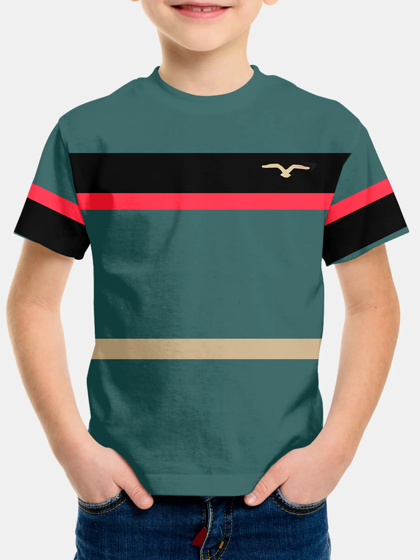 Kids Short Sleeve Crew Neck T-Shirt, Teal Color Block Striped Tee with Eagle Logo, Boys Summer Casual Daily Wear Graphic Top