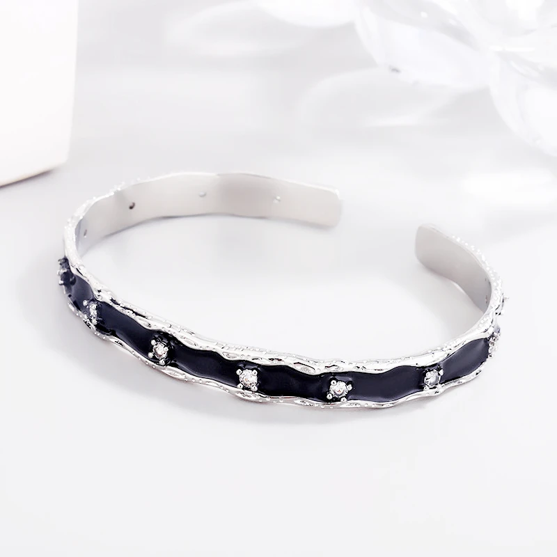 Sole Memory Black Drop Glaze Shiny Zircon Star 925 Sterling Silver Resizable Opening Bracelet For Women Luxury Jewelry BR356