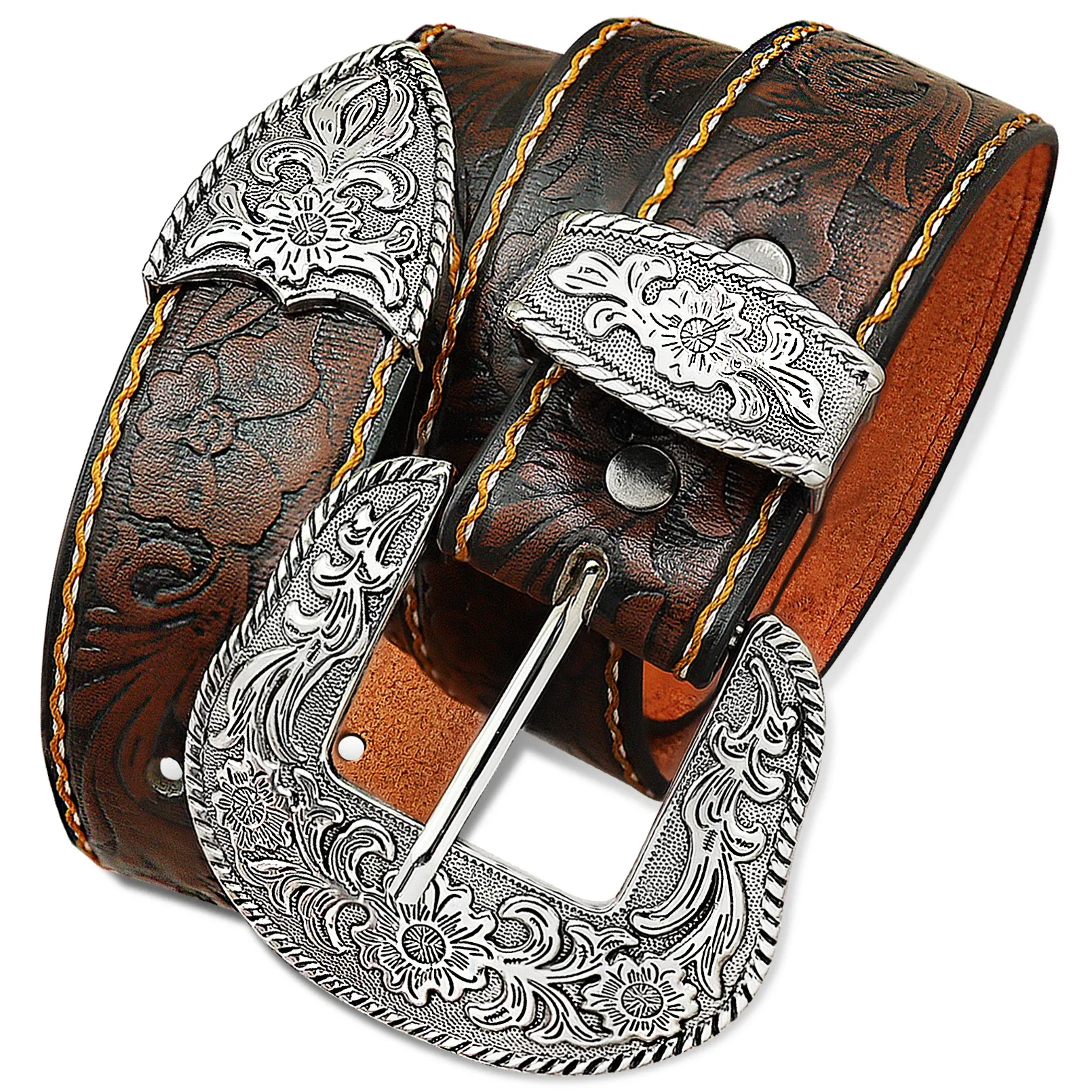 Western Cowboy PU Leather Belt Men Waist Strap Decoration Floral Engraved for Jeans Fashion Women Girdle