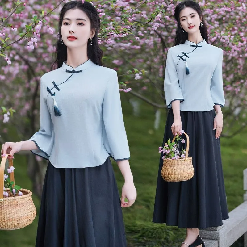 Improved Chinese Style Set Women's Summer Republic China Student Qipao Top Half Skirt Two-piece Set New Chinese Style Clothing