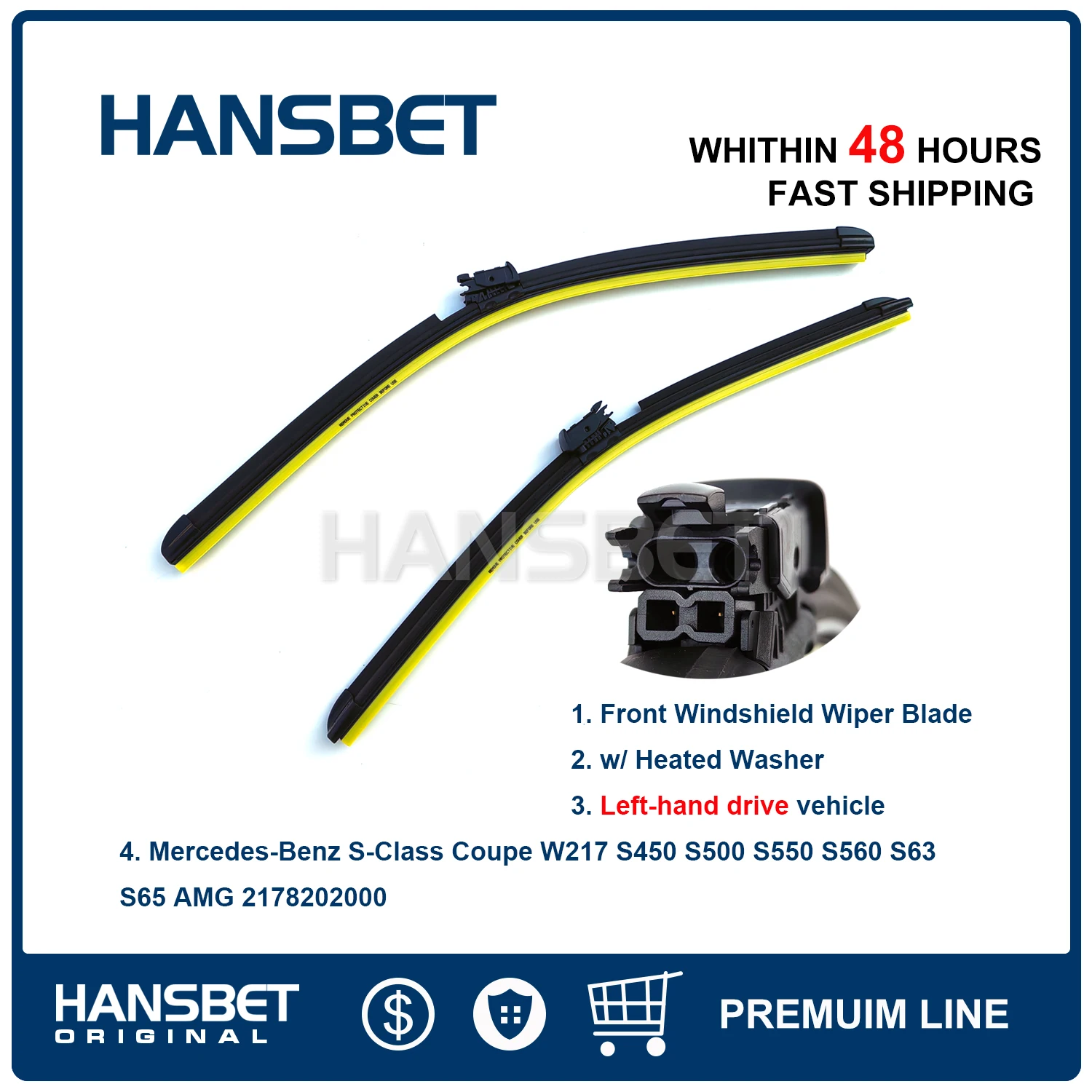 

Front Window Windshield Wiper Blade Set w/ Heated Washer For LHD Mercedes-Benz S550 S560 S63 S65 AMG 2178202000 HANSBET