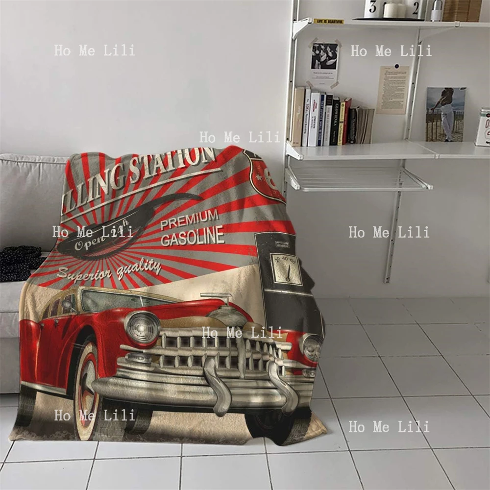 Ultra Soft Flannel Fleece Bed Blanket Car Filling Station Route 66 Throw Blanket All Season Warm Light Weight Cozy Plush Blanket