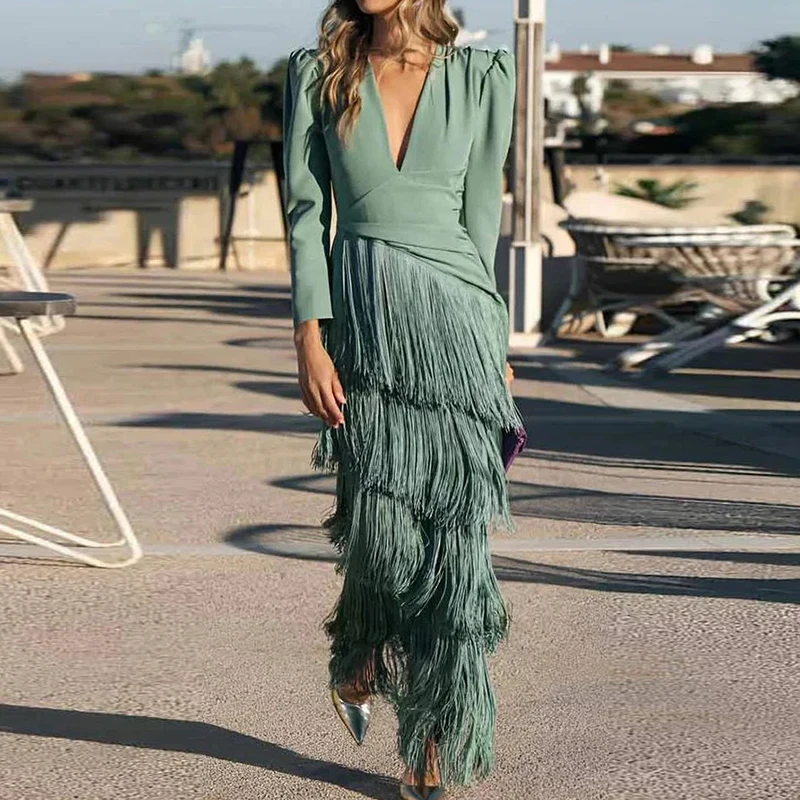 Mode frange Patchwork mince longue Robe Robe plage vacances creux tricoté femmes Robe 2025 décontracté été à manches longues robes