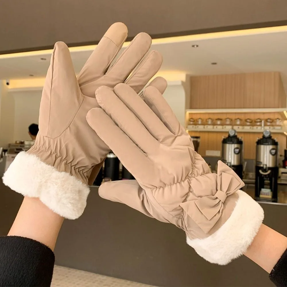 Keep Warm Bow Women Gloves Waterproof Korean Style Winter Warm Gloves Mobile Phone Touch Screen Thicken Cycling Mittens Outdooor