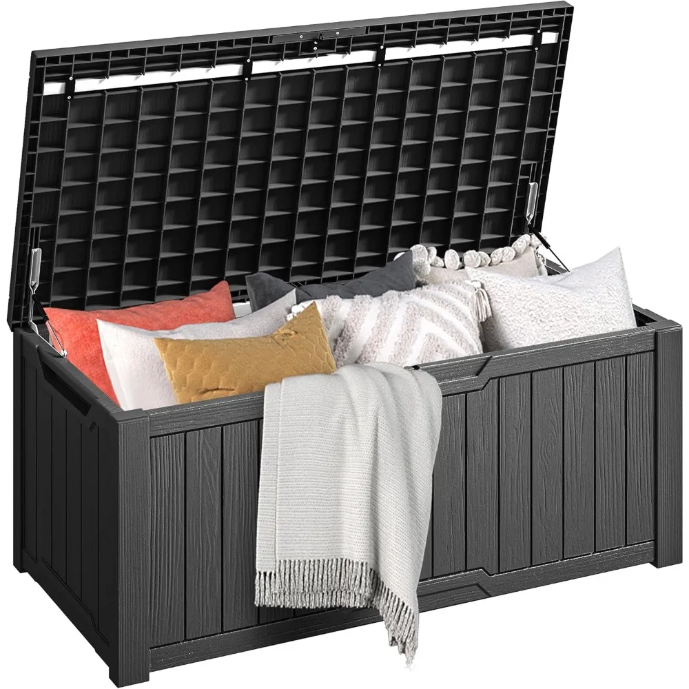 

120 gallon outdoor storage box, weather resistant resin, suitable for courtyard furniture, outdoor cushions, and gardens