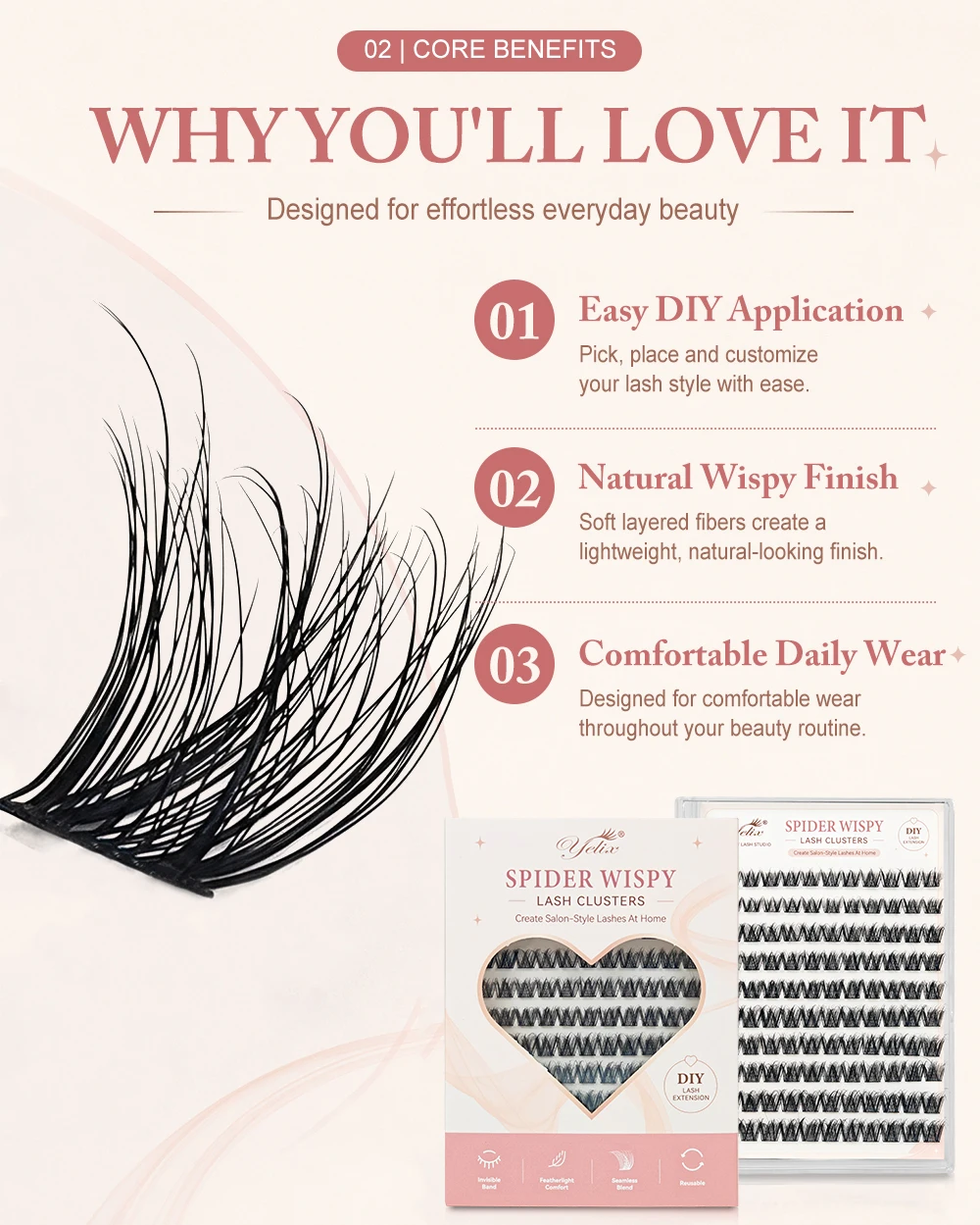 Yelix DIY Cluster Lashes Wispy Soft Selbstklebende Falsche Wimpernverlängerungen Großhandel für Schönheitssalons und Distributoren – Detail 2