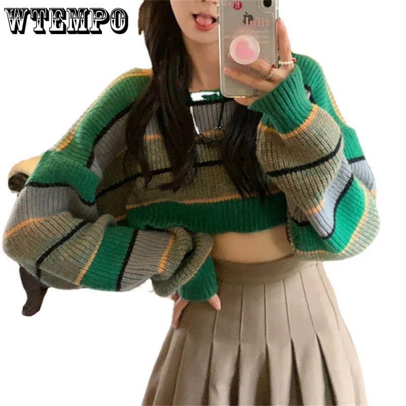 WTEMPO Women\'s Long Sleeve Knitwear Ladies Crop Sweater Striped Knitted Coat Fashion Sexy Short Colorblock Pullover Jumpers