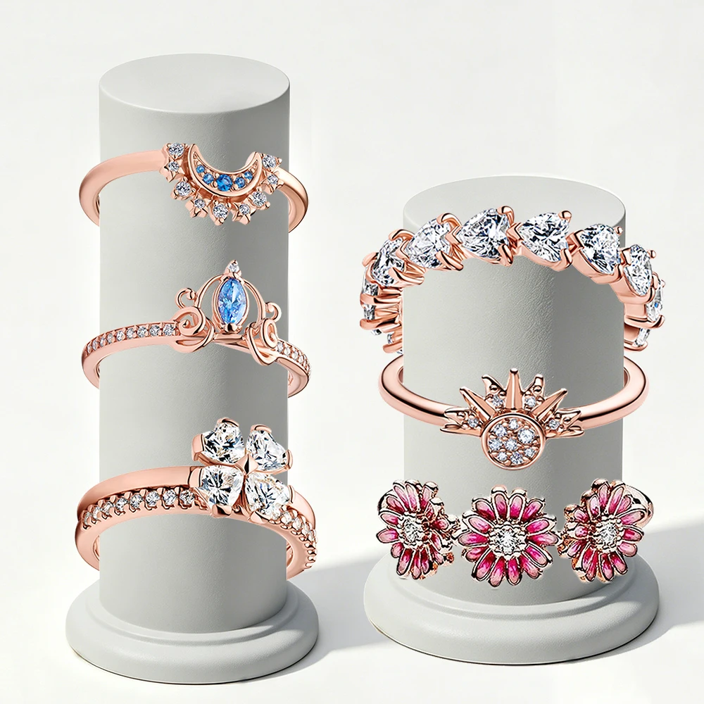 2026 New 925 Silver Women's Sparkling Lucky Grass Sun Moon Princess Crown Ring Display Tool DIY Exquisite Charm Jewelry