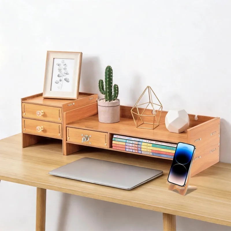 Wooden Computer Monitor Stand with Lockable Drawer Storage Monitor Stand Ergonomic Desk Organizer for Home Office Accessories
