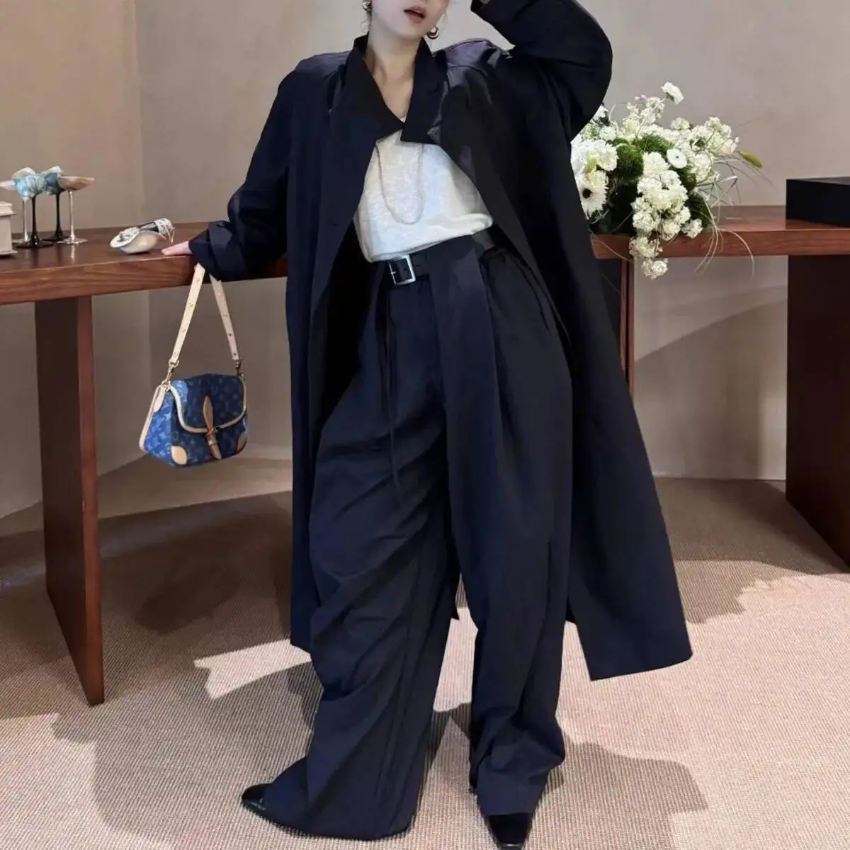 BJTZ مزاجه فضفاضة تناسب بلون خندق وواسعة الساق بانت قطعتين مجموعة للمرأة 2025 ربيع الخريف الاتجاه الجديد مجموعات الإناث