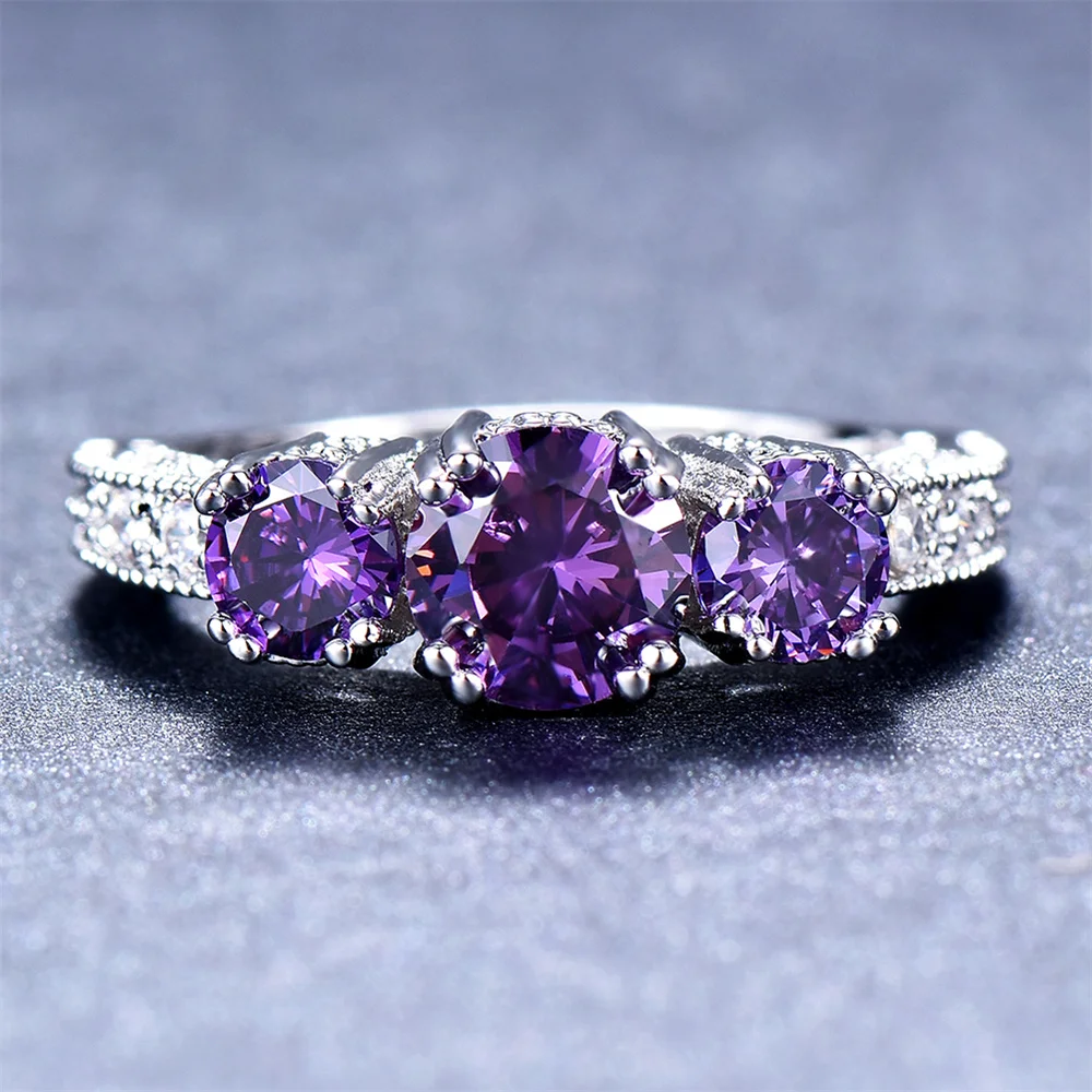 Purple Crystal Three Stone Engagement Rings For Women Trendy Silver Color Bridal Wedding Bands Fashion Jewelry Mother\'s Day Gift