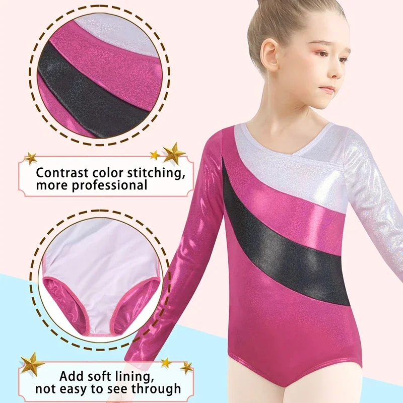 الفتاة طويلة الأكمام الجمباز ثياب عالية الجودة لامعة تراجع ملابس رقص الجمباز لأداء المرحلة ﻿