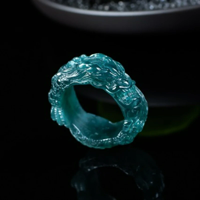 

Natural A-grade Blue Water Jade Three-dimensional Carved Dragon King Ring Ice Jade Domineering Fashion Men's Ring Gift Amulet